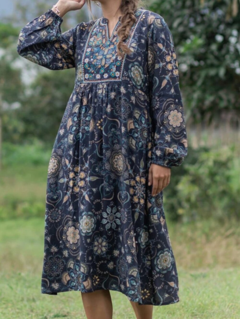 NOVICA Celestial Day Boho Embroidered Empire Floral Midi Dress size large